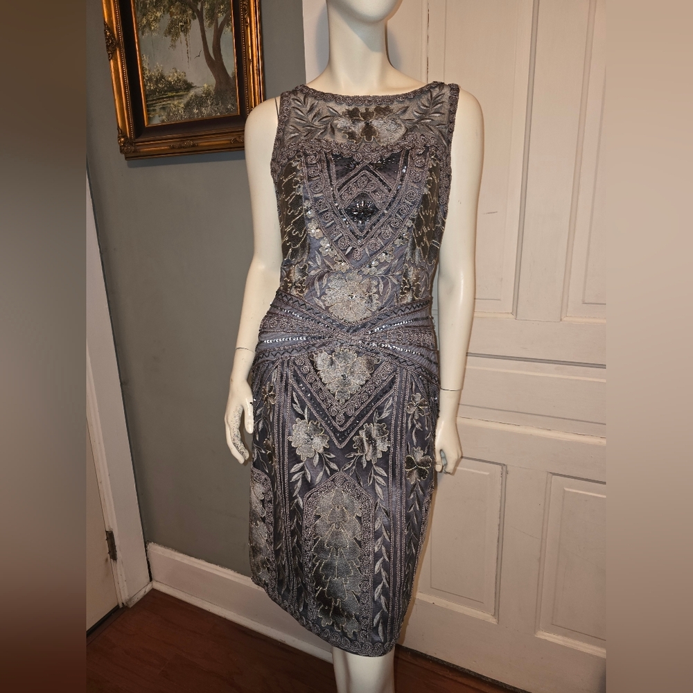 Sue Wong Nocturne Silver Grey Platinum Beaded Sequin Evening Dress 8